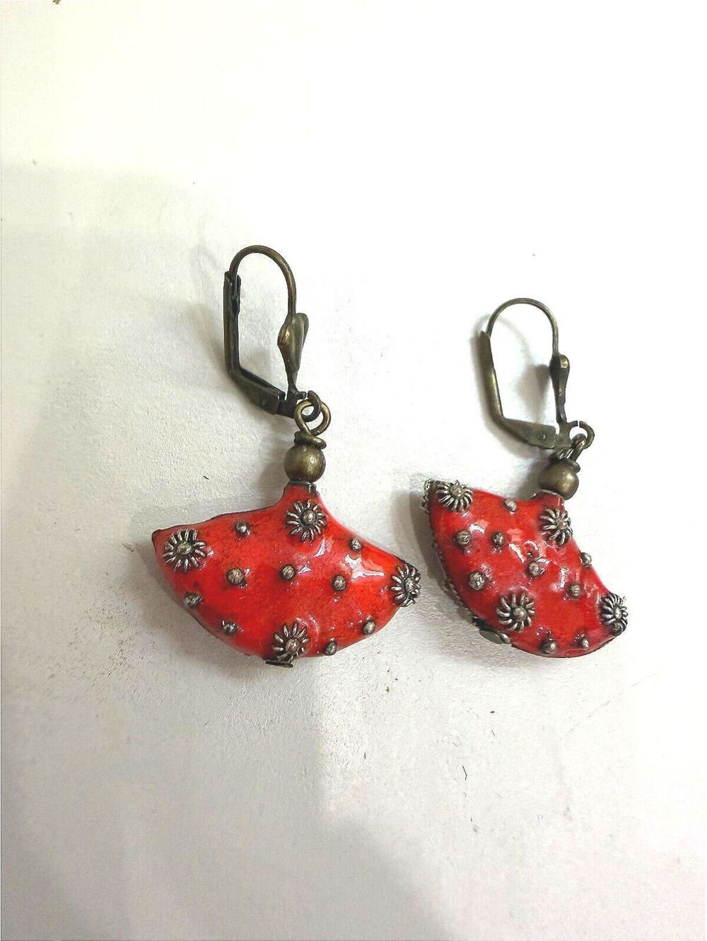 Vintage Red Enamel and Metal Dangle Earrings